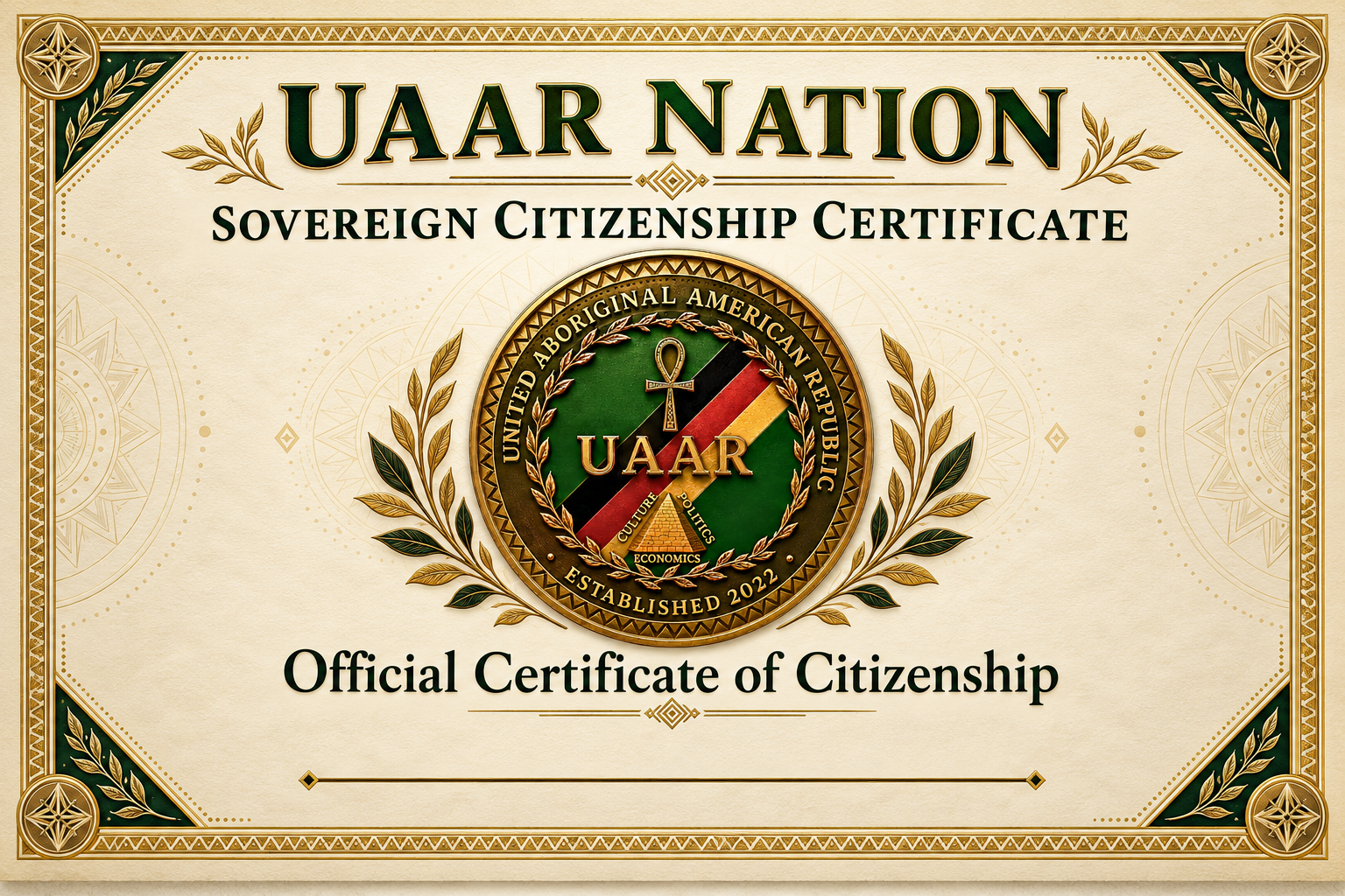 UAAR sovereign citizenship certificate featuring the official UAAR Nation seal